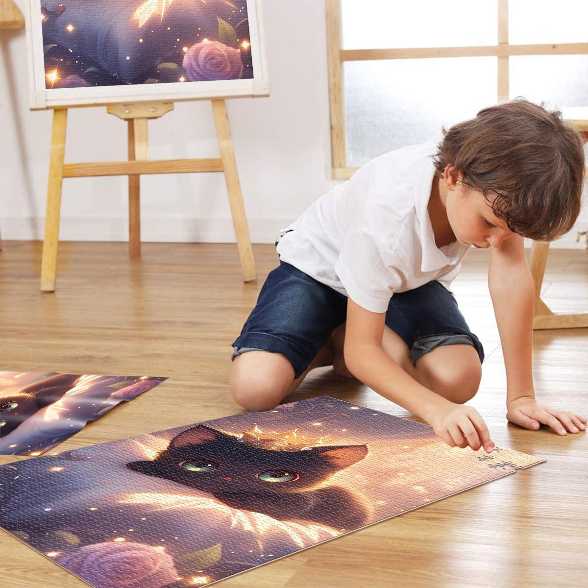 Gattino nero carino con corona Puzzle 2000 pezzi per adolescenti Gioco di famiglia antistress sfida difficile con pezzi completamente interconnessi di forma casuale 70x100cm