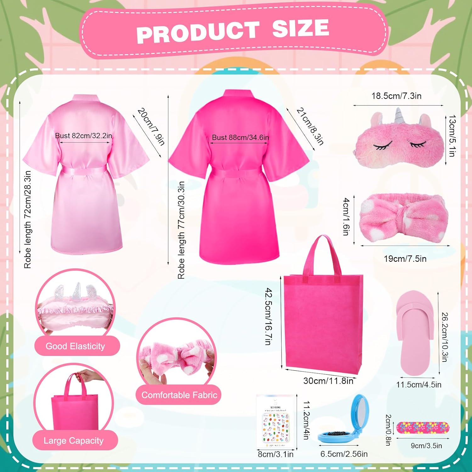 48 Pack Spa Party Supplies for Girls, Satin Robes, Unicorn Sleep Masks, Slippers, Gift Bags, Headbands, Sleepover Birthday Party Favors, 6 People