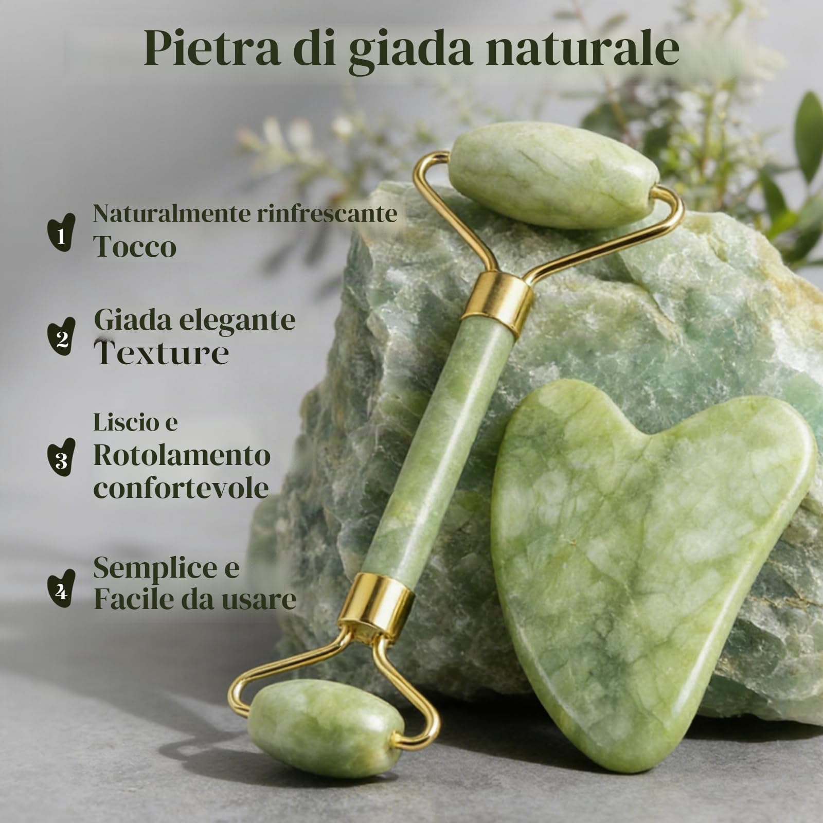 BAIMEI Gua Sha e Rullo di Giada per il Viso，Massaggiatore Lifting Viso e Guasha per il Corpo, Idea Regalo Perfetta，e Rilassa La Pelle，Regali Per Le Donne