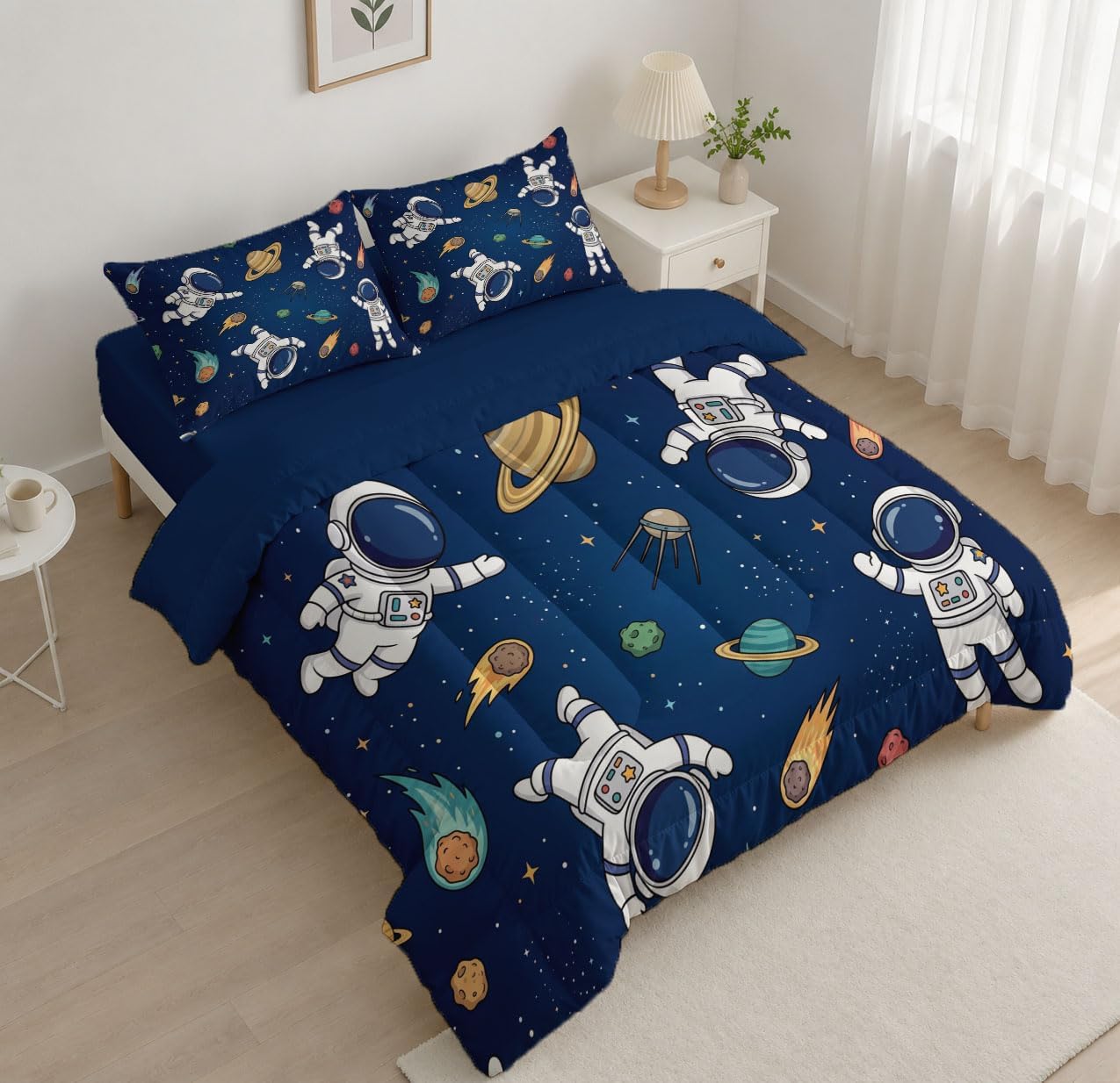 Animation Style Comforter Set King Size, Astronaut Bedding Set for Girls Boys, Navy Blue Quilt Bed 104"X90" Bedding Comforter Sets with 2 Pillowcase Room Decor