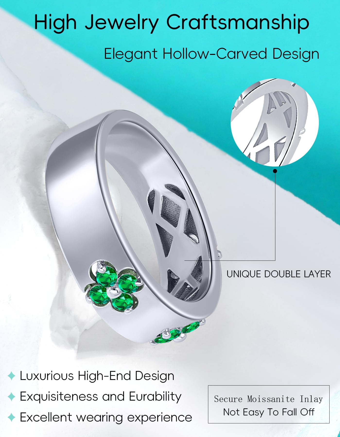 TIMELESSTAR Clover Moissanite Rings for Women Gifts,Premium Moissanite(D Color VVS1 Clarity 3EX Cut), 925 Sterling Silver 14K Gold Plated Non Tarnish