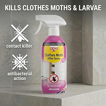 Zero In Antibacterial Clothes Moth Killer - 500 ml. Unique, Ready-To-Use Formulation Kills Clothes Moths, Larvae, and the Germs they Carry. Water-Based. Prevents Reinfestation for up to 12 Weeks