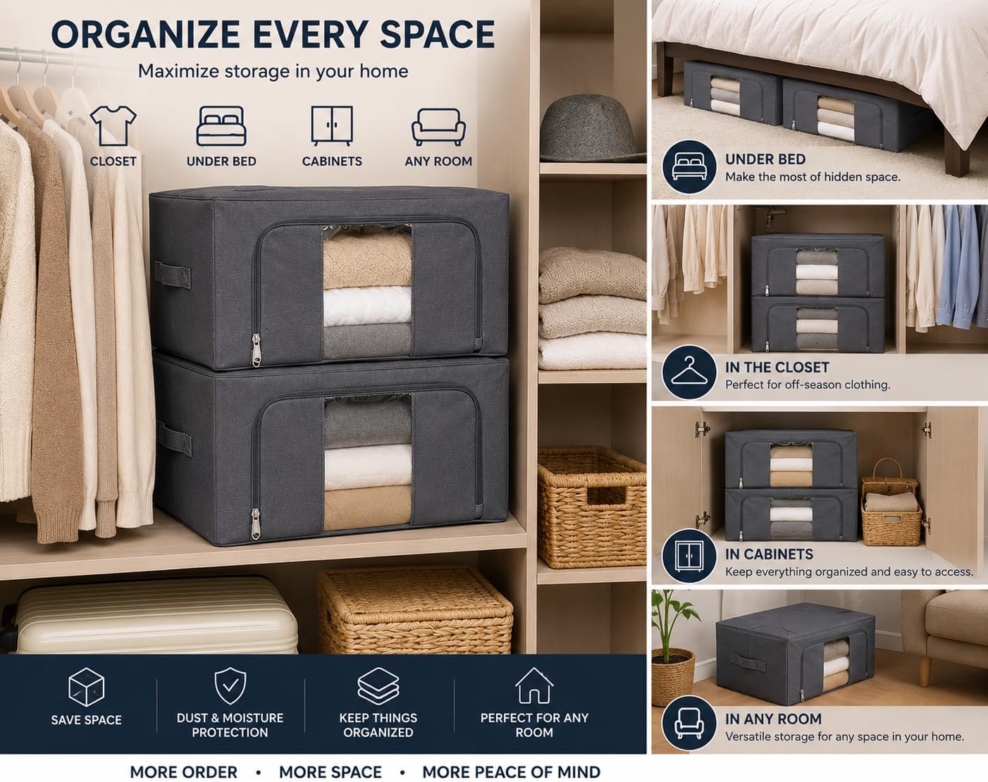 66L Storage Bags, 2 Pack, Clear Window & Reinforced Handles, Gray