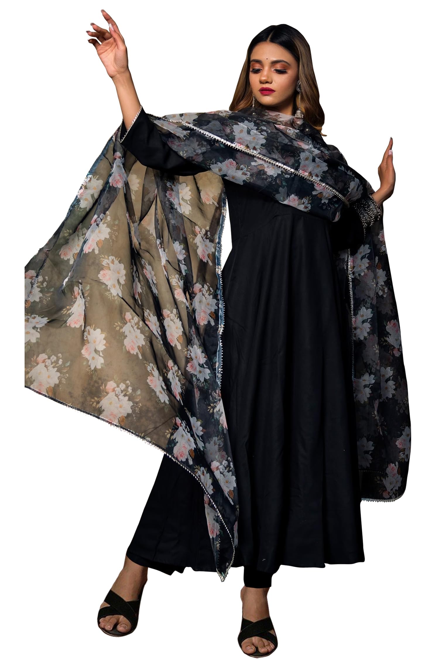 Sugathari Women's Black Floral Print Tiered Midi Fit & Flare Dress With Digital Printed Dupatta (Dress2 112 Black Xxl)