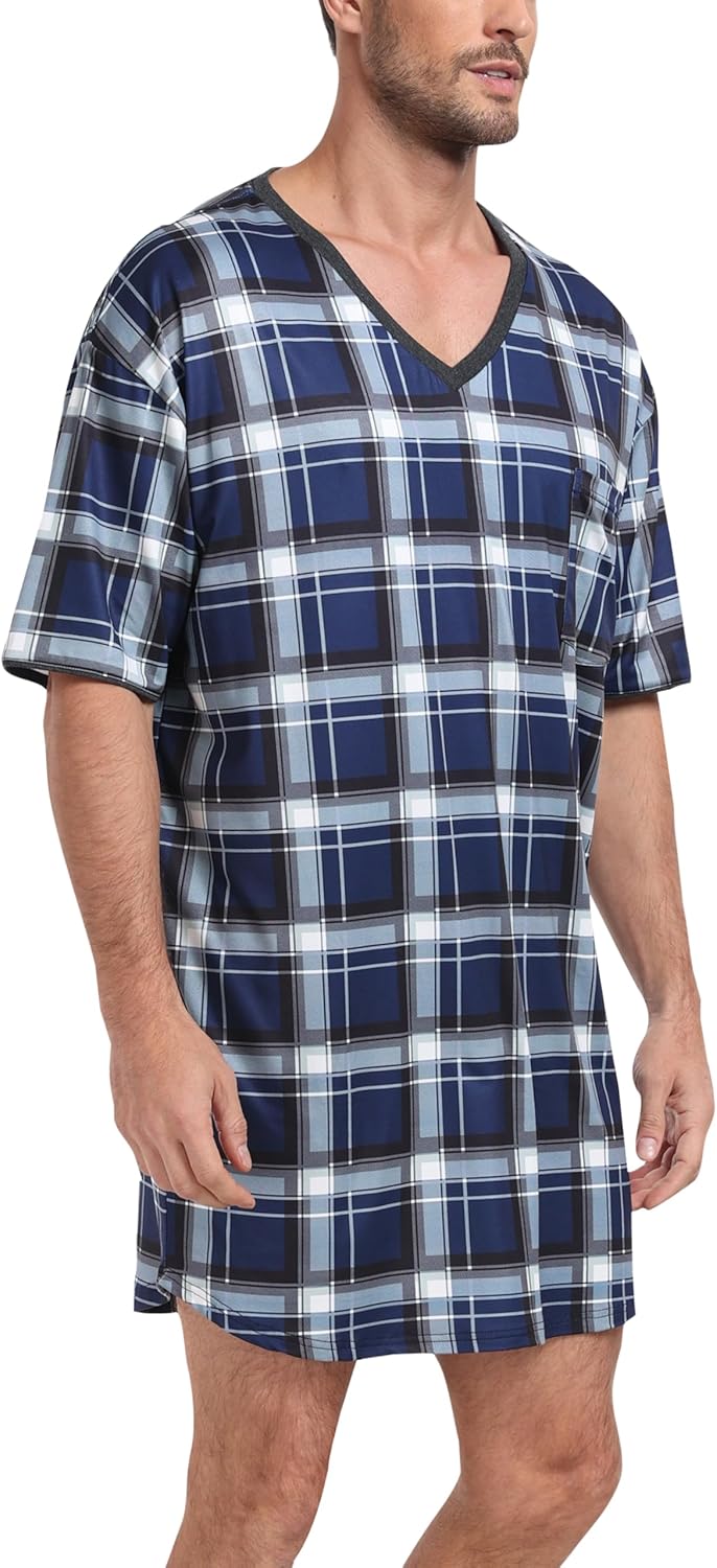 MoFiz Men's Nightshirt Soft Pajamas V Neck Short Sleeve Nightgown Loose Sleepwear Nightwear Comfy Sleep Shirt S-3XL - Image 2