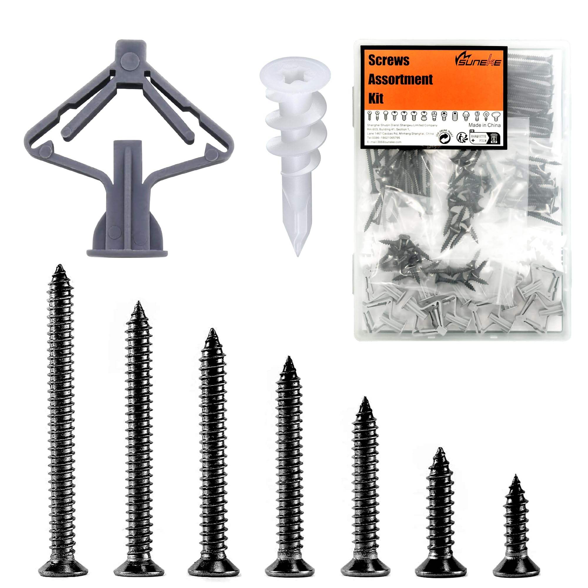 280-Piece Drywall Anchor & Screw Kit - 5 Sizes Plastic Anchors With Galvanized Screws In Organizer Box