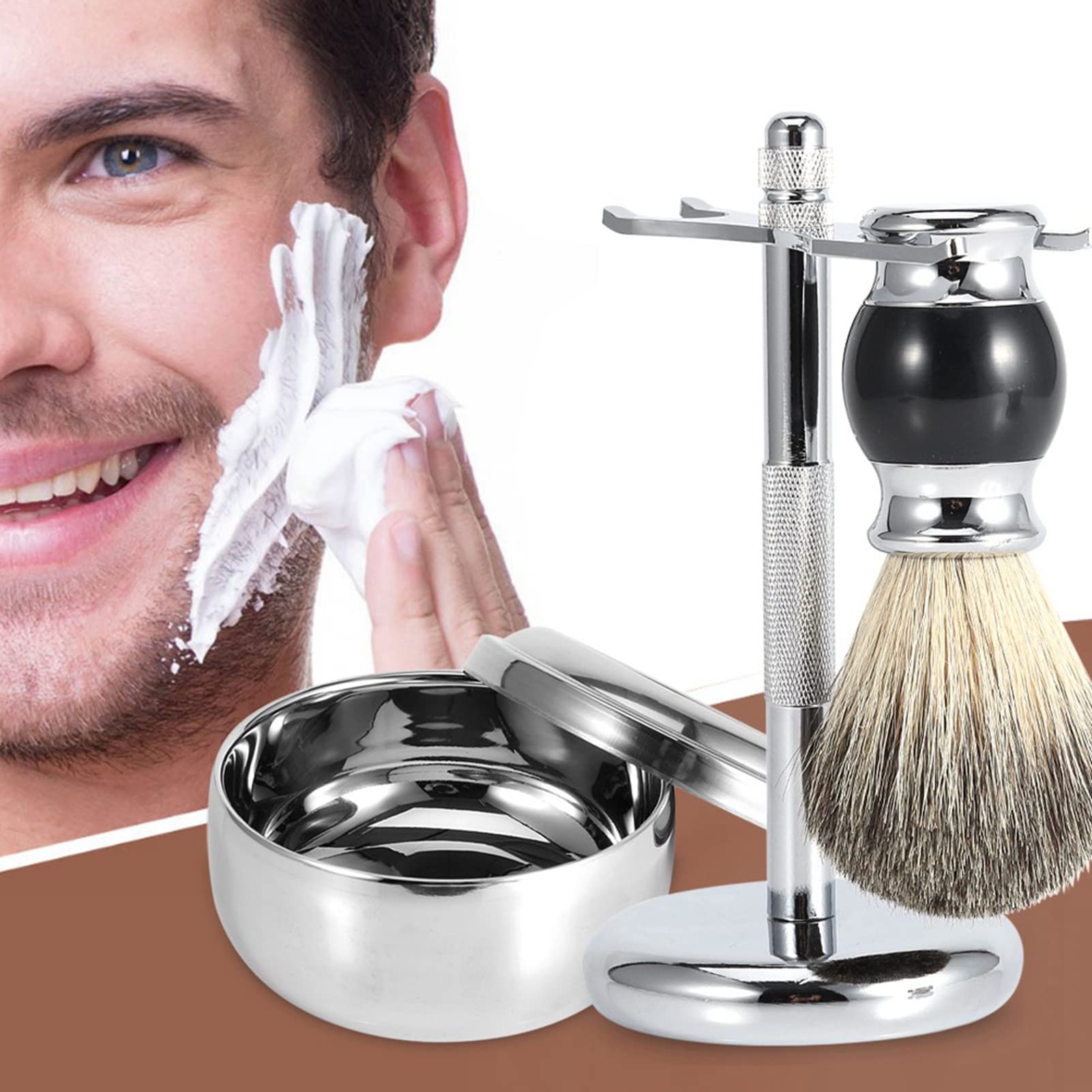 Kit di Strumenti per la Rasatura Professionale con Supporto per Uomo, Spazzola in Pelo di Tasso Sintetico e Ciotola per Tazza di Sapone in Lega - Durevole, Conveniente Ed Ecologico