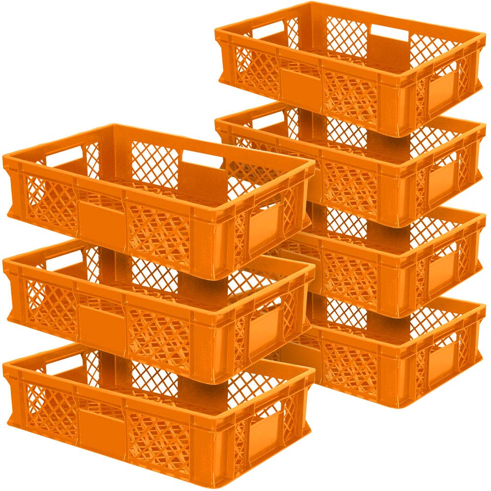 7 contenitori europei traforati, impilabili, qualità industriale, 600 x 400 x 150 mm, arancione