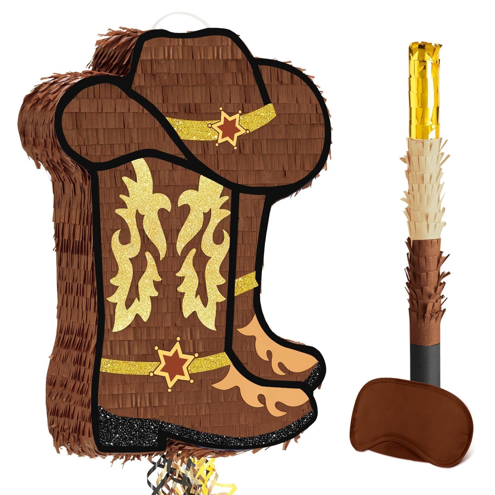 WERNNSAI Cowboy Pinata – Cowboy Deko Geburtstags Piñata Junge Erwachsene Cowboystiefel Piñata mit Stock Augenbinde Cowboyhut Pferd Pinata Deko Geburtstagsparty Western Dekoration Partyspiele