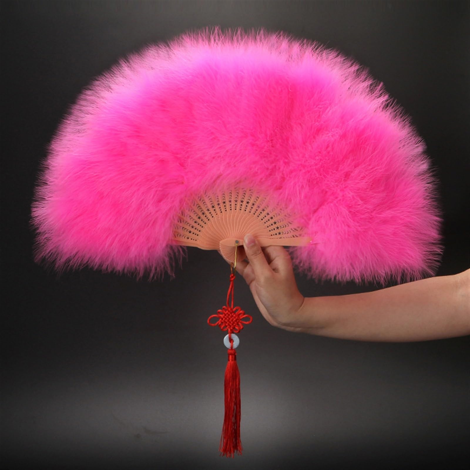 Éventail chinois pliable en bambou et plumes multicolores de 30 cm