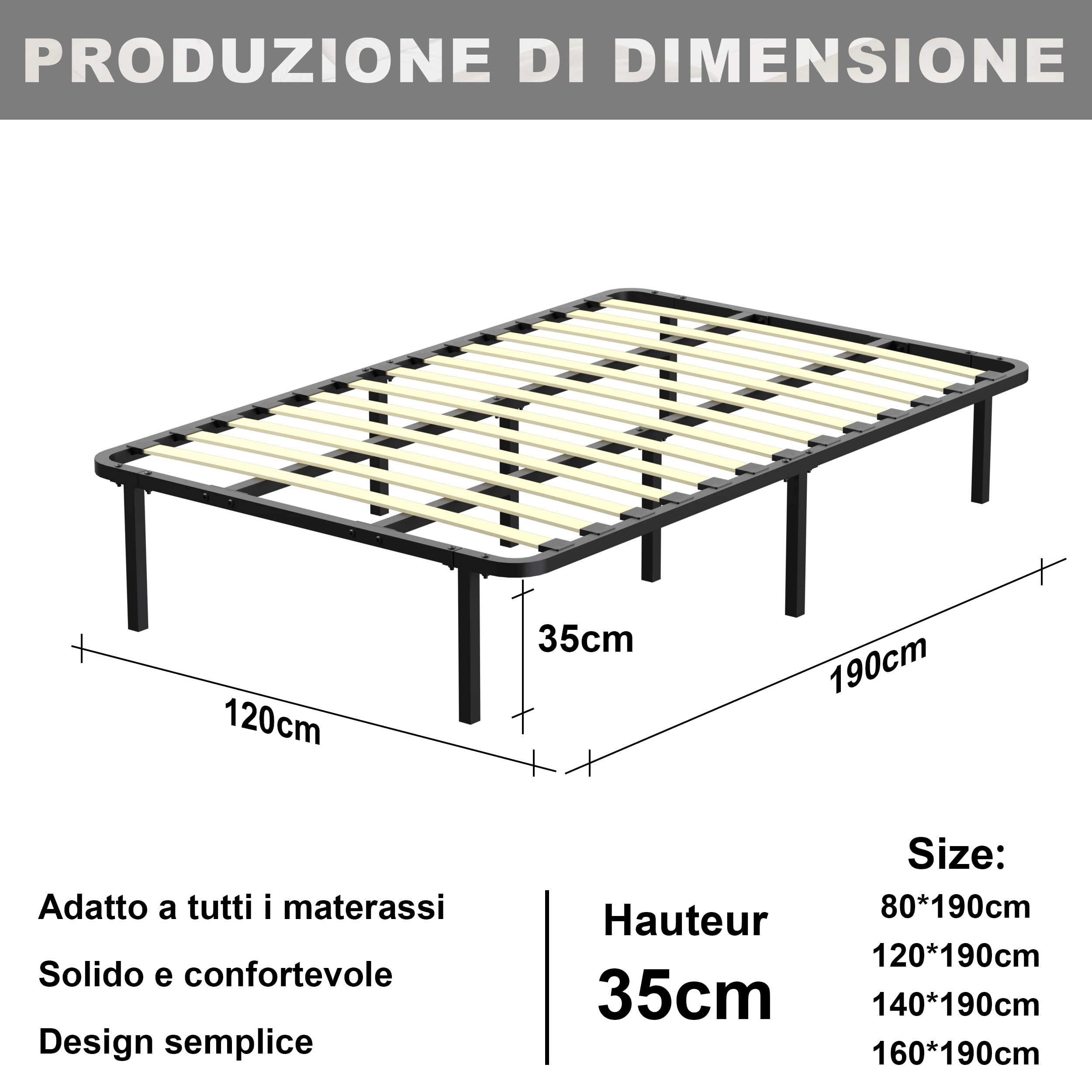 TEENO Somier de 120 x 190 cm – Estructura reforzada 1 × 13 con doble tubo central, 8 patas de acero, madera de álamo ultrarresistente, ortopédico, montaje sin herramientas