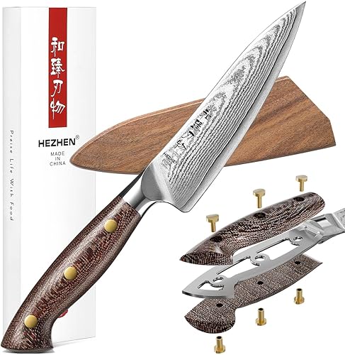 Miniatura 11 de HEZHEN Cuchillo de chef de Damasco con funda, 8.3 pulgadas, 67 capas, cuchillo de cocina japonés de acero Dmascus para chefs profesionales y