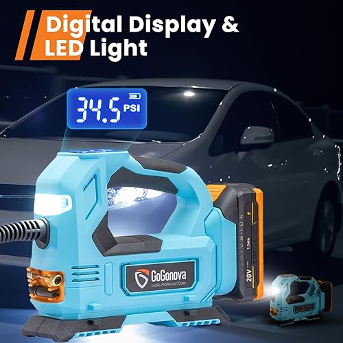 Vista 6 de GoGonova Inflador de neumáticos portátil comprimido de aire inalámbrico, DC12V/batería 20V, bomba de neumáticos de coche 150PSI con medidor