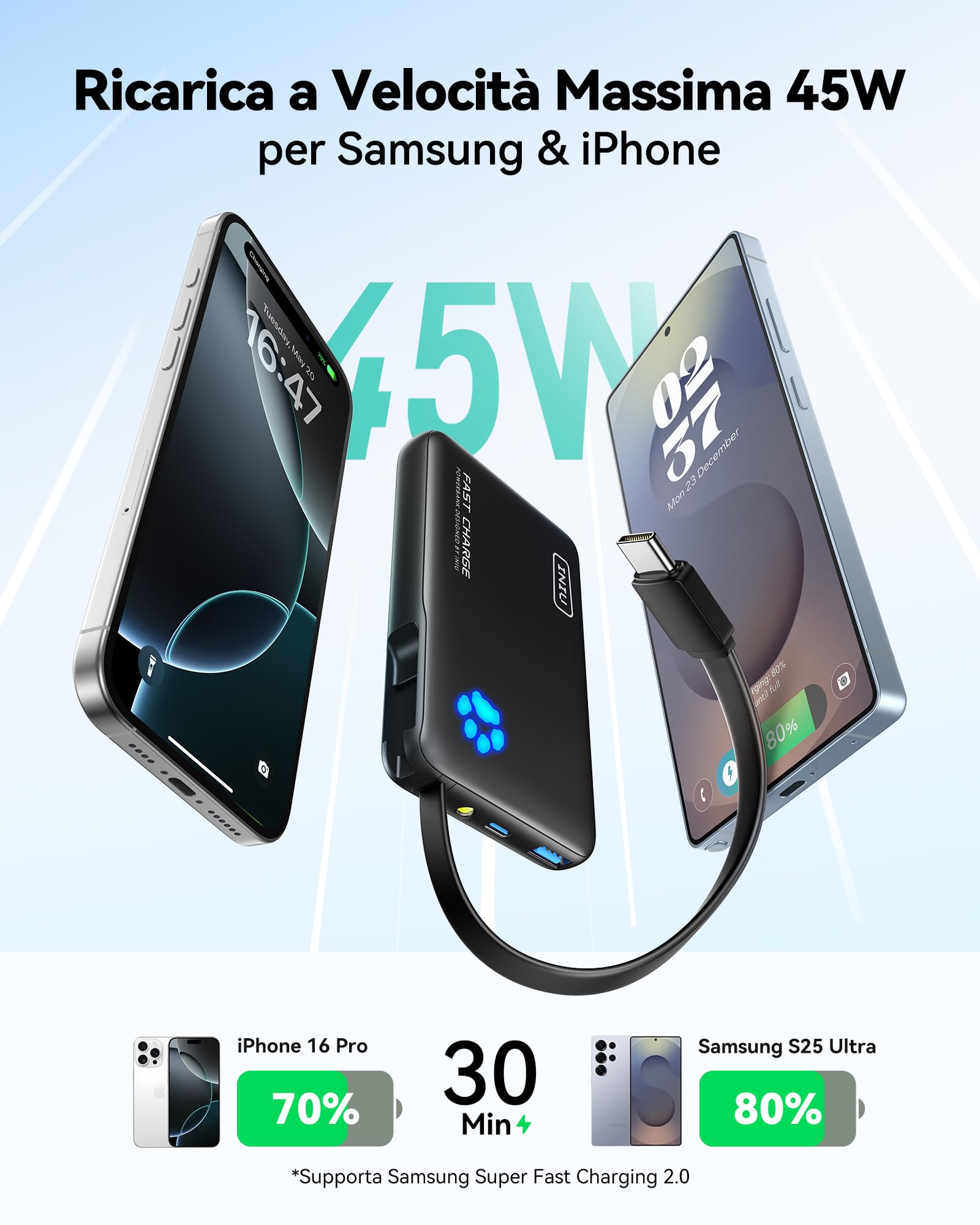 INIU 45W Power Bank, 10000mAh PowerBank con USB C Cavo Integrato, Ricarica Rapida PD3.0 QC4.0 USB C Input & Output, Mini Caricatore Portatile Power Bank per iPhone 17 16 15 14 13 Samsung Xiaomi iPad