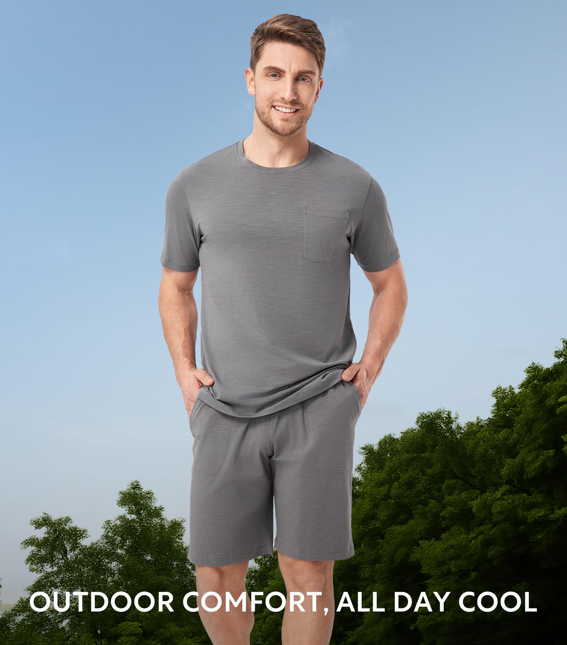 DAVID ARCHY Conjunto de pijama de verano de manga corta para hombre, de algodón suave, textura flameada, ligero, conjunto de descanso para hombre con bolsillos
