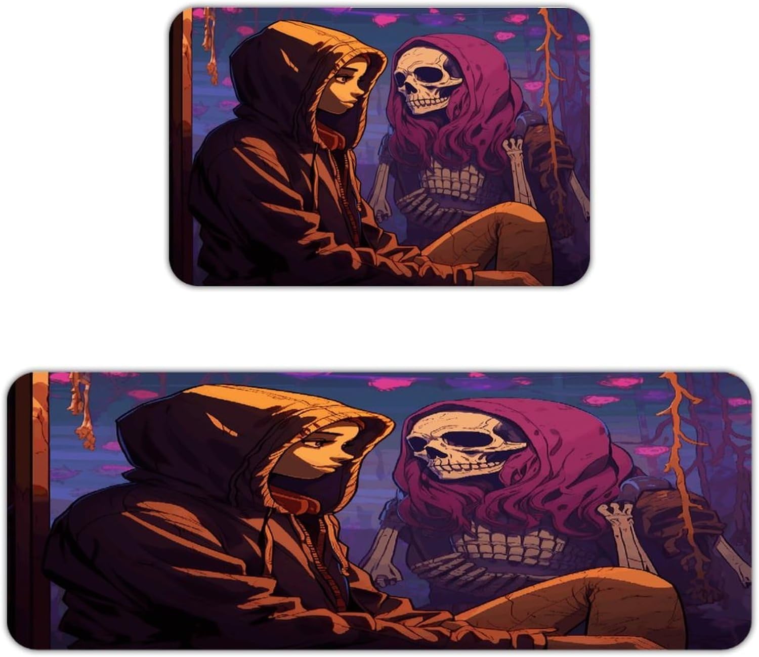 Girl and Skull Kitchen Mats with 2PCS Non-Slip Washable,Kitchen Rug Heavy Duty Durable, Floor Mats for Kitchen,Office,Sink,Laundry