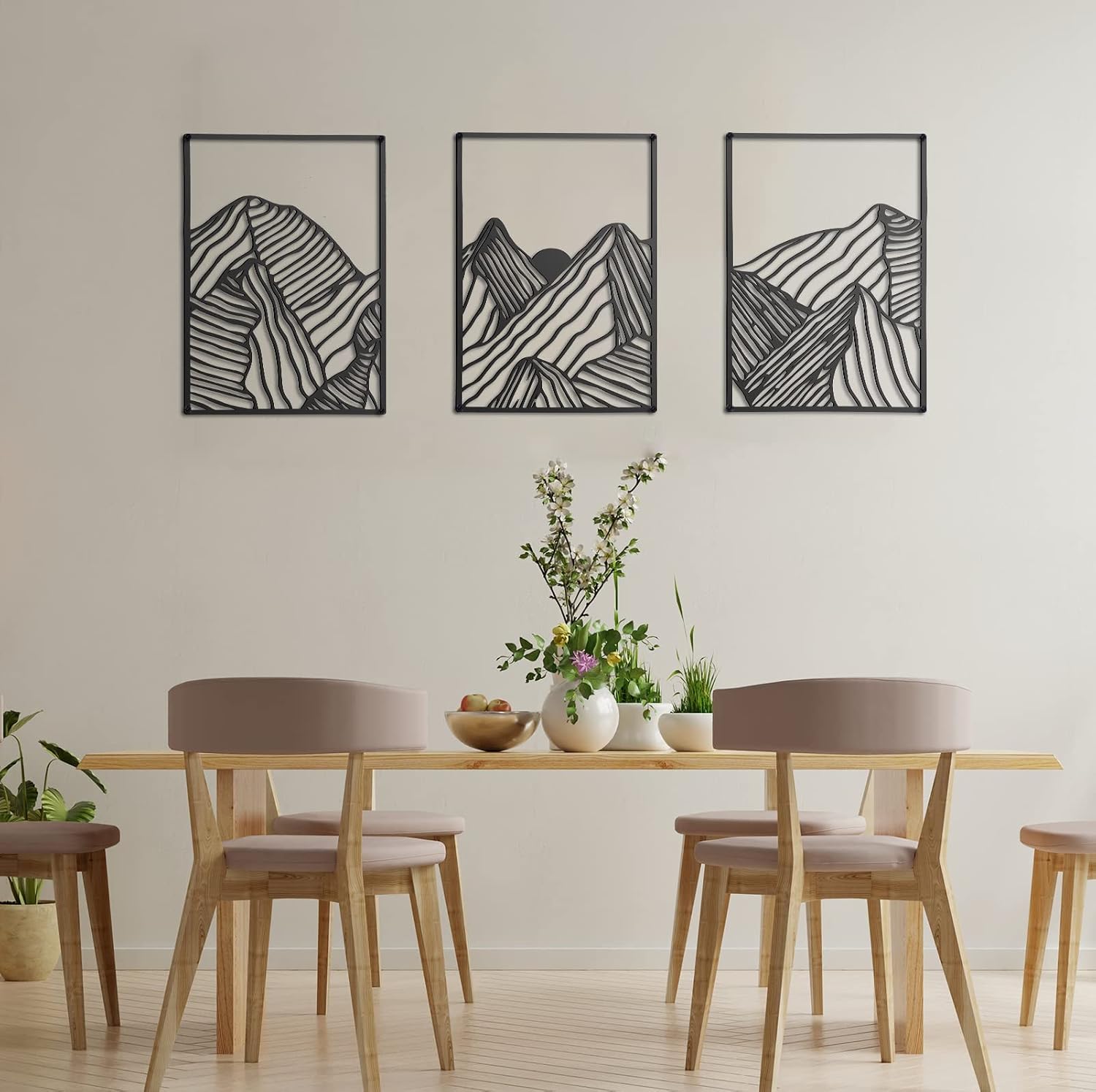 Peryiter 3 Pcs Metal Wall Art Decor Landscape Mountain Wall Hanging Decor for Living Room Abstract Minimalist Modern Mountain Line Pictures Bathroom Office Home Gifts Indoor(Black)