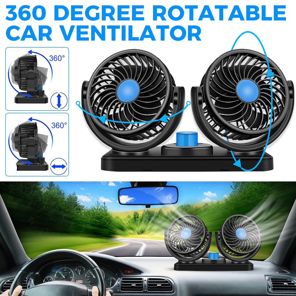 Ventilateur De Voiture, Double Tête USB Ventilateu Portable 360 Degrés Rotatif, Double Tête Ventilateur Avec 2 Niveaux De Vitesse Changer, Ventilateur Voiture Pour Camping-Car, SUV