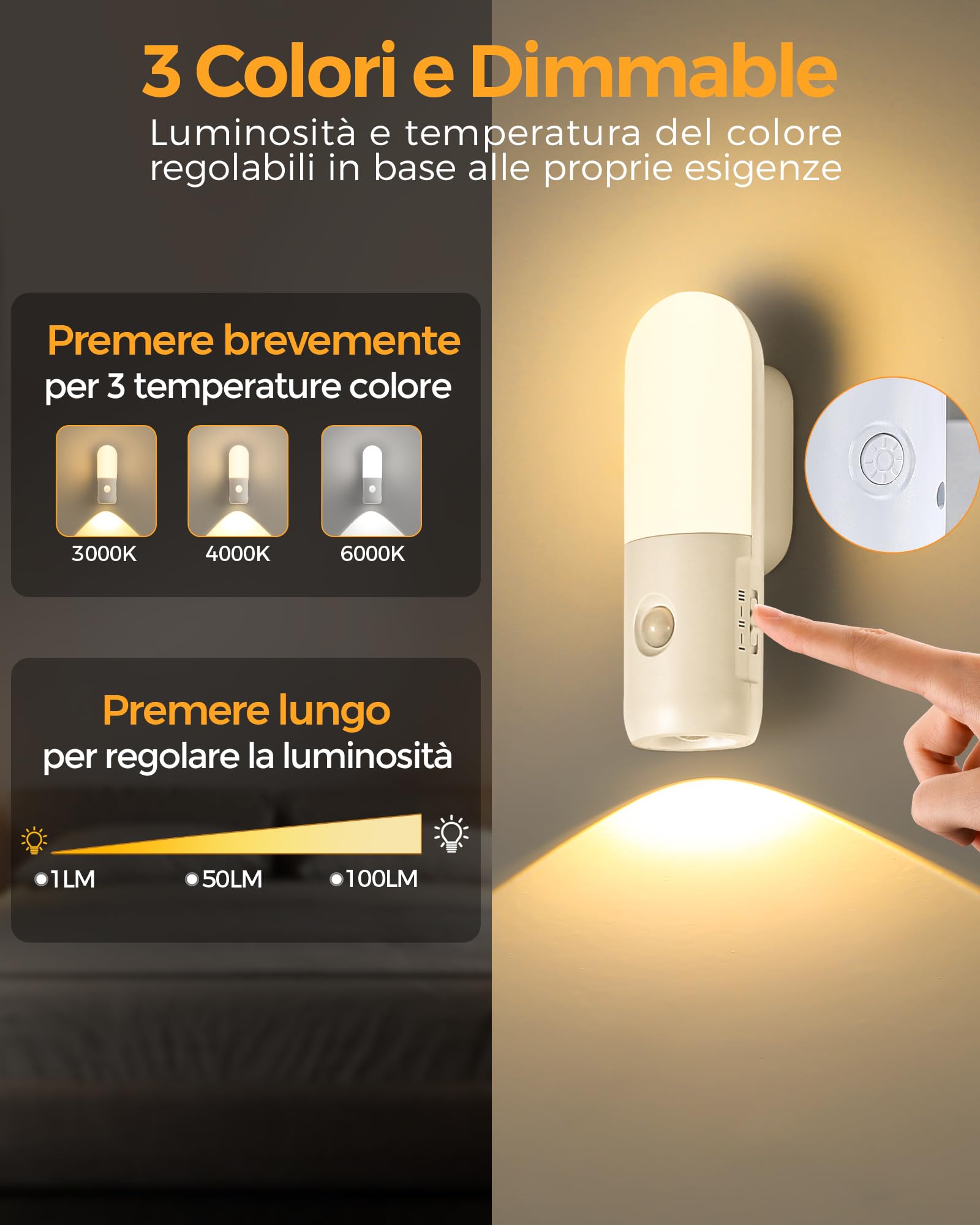 Luce Notturna Ricaricabile USB Con Sensore Movimento - 2000mAh, 3 Colori, Dimmerabile - 2 Pezzi - Foto 1