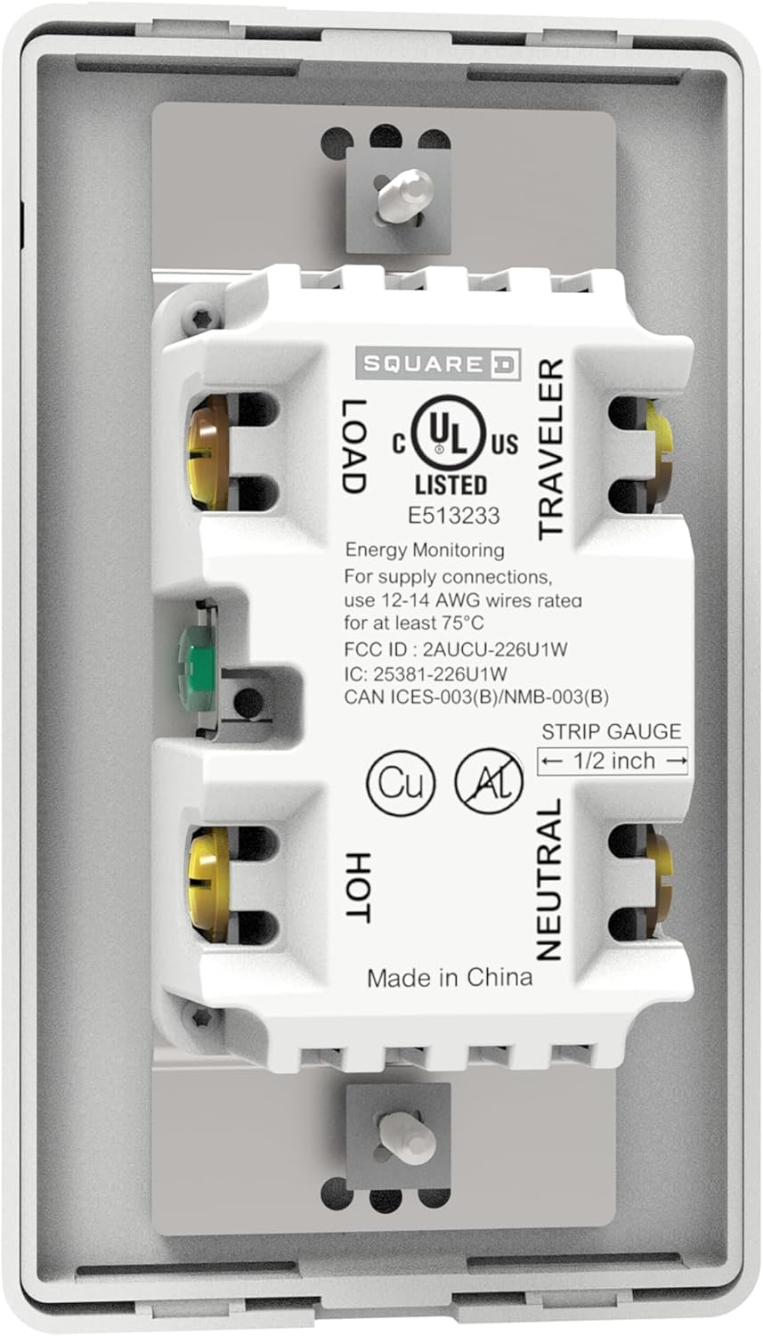 Square D X Series 15 Amp WiFi Energy Monitoring Dimmer Light Switch, Single-Pole/3-way, 600 Watt, Rocker, Matter Certified, Compatible with Alexa and Google Assistant, White with Mounting Plate