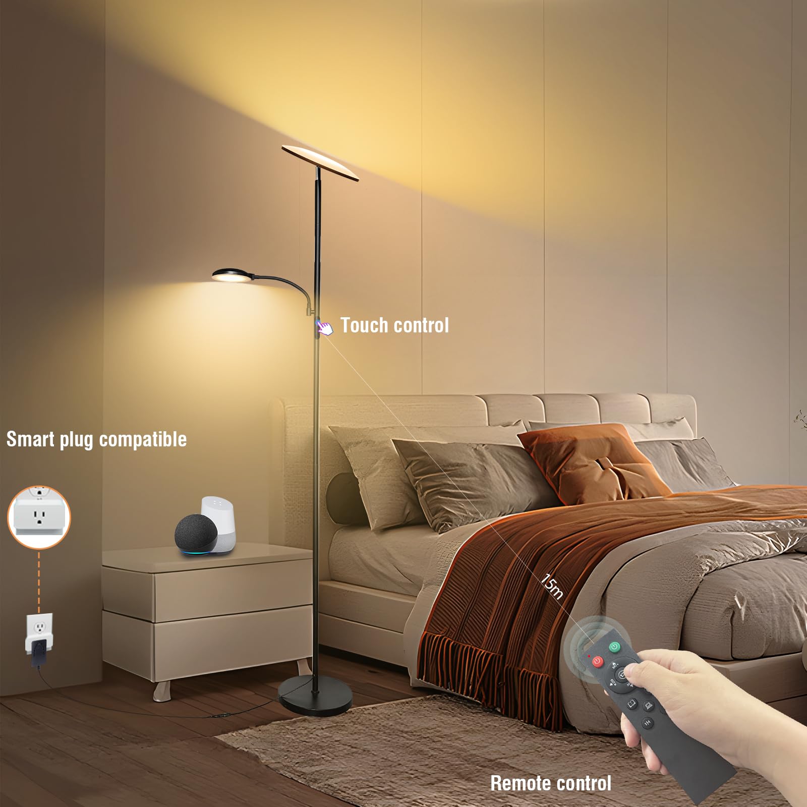 marctronic LED Stehlampe Deckenfluter Dimmbar, 42W 4200LM Superhelle Wohnzimmer Stehlampe mit Leselampe, 175CM Hohe Moderne Standleuchte mit Fernbedienung & Touch Steuerung für Schlafzimmer BüRo