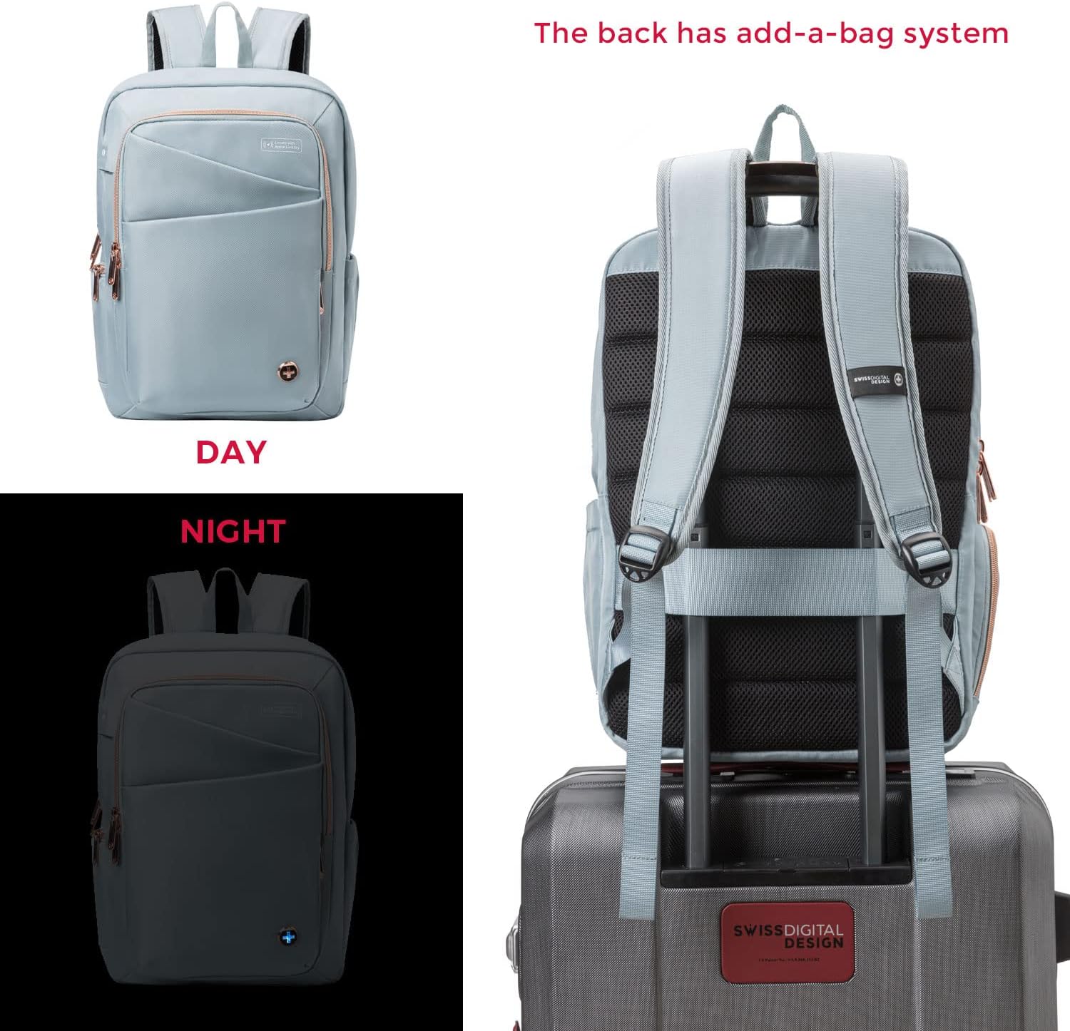 Swissdigital Design Laptop Backpack for Women with Apple Find My,Travel Bookbags with USB Charging Port，Computer Backpacks for Work Business,Teal Blue | SD1006FB-14