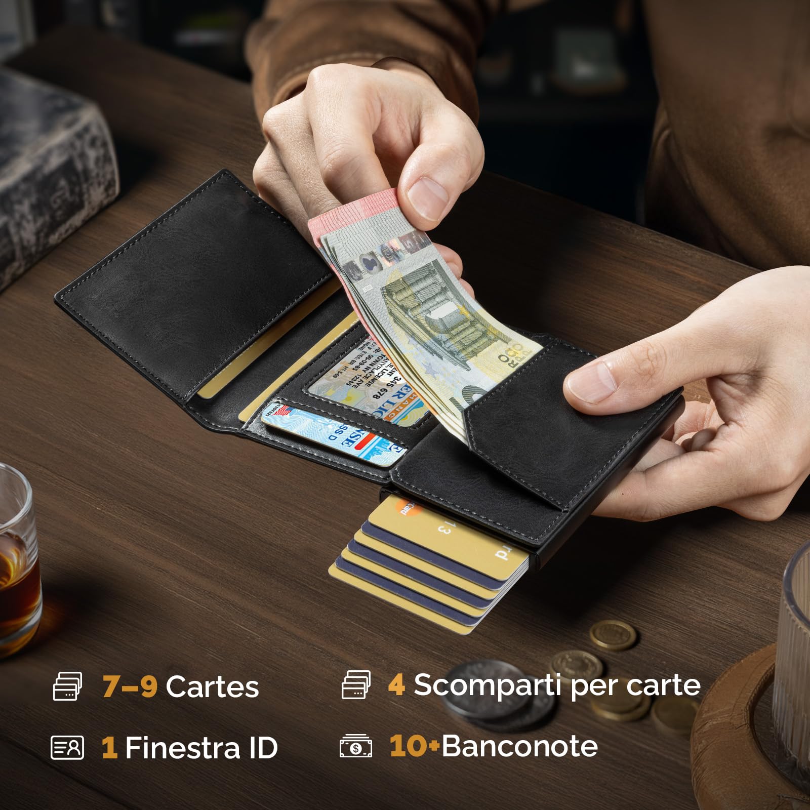 YESIIW Porta Carte Airtag con Super Compatto, Pop up Portacarte Uomo Airtag per 10+ Cartes, 10+ Banconote & Finestra ID, Portafoglio Uomo con RFID & Chiusura Magnetica (Nero, XL Portamonete)
