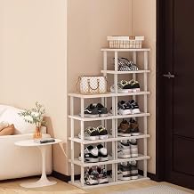 Bamboo Shoe Rack 12 Tiers - Vertical Shoe Rack for Small Spaces, Tall Narrow Shoe Rack Organizer for Closet, Entryway Corner, Garage or Bedroom, Skinny Shoe Shelf, Stackable, DIY White Storage