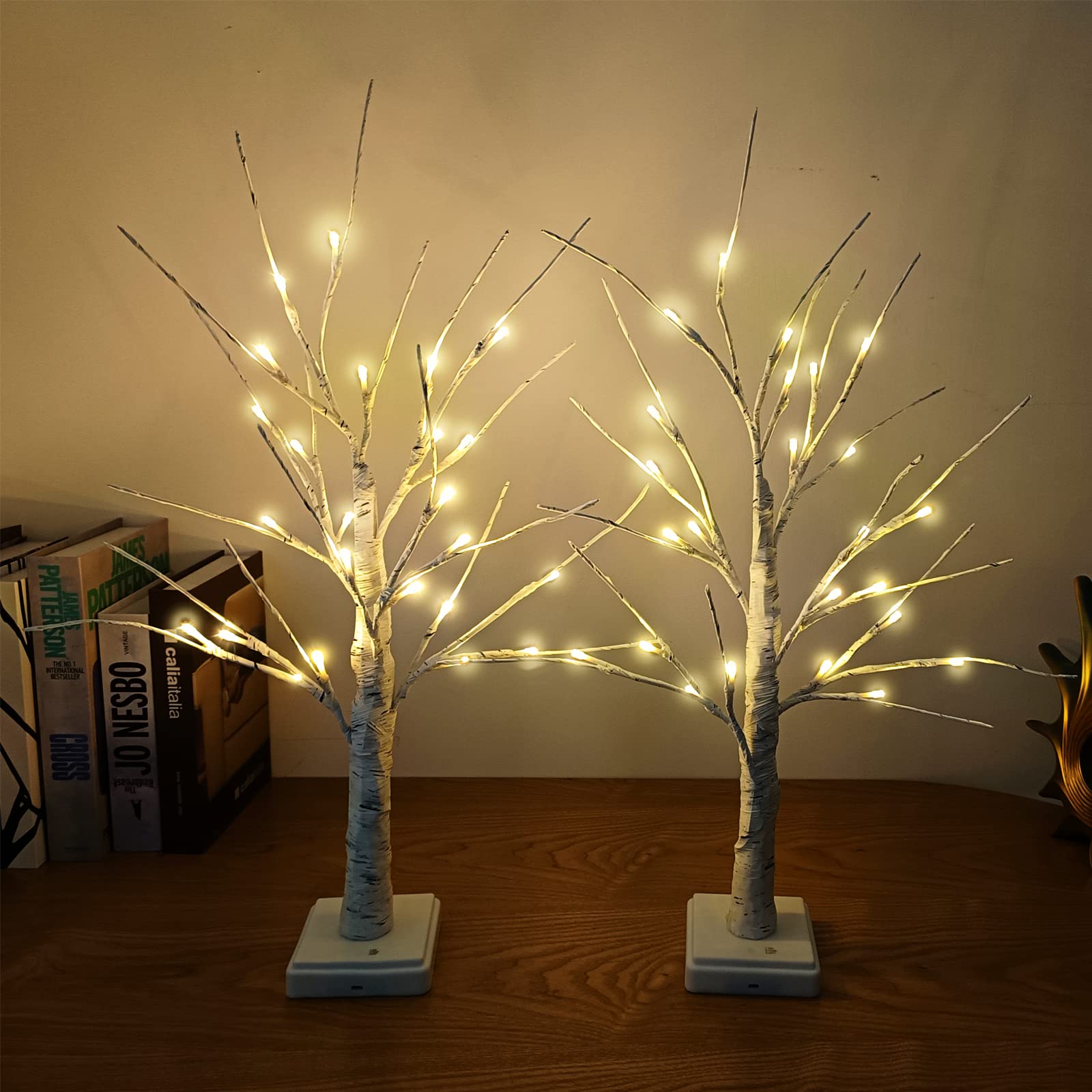 Pete Mici 2 Pack White Birch Tree with LED Lights 2FT 24 LED Battery Operated&USB Powered for Christmas Deocration White Artificial Bonsai Tree Lamp for Wedding Home Decoration