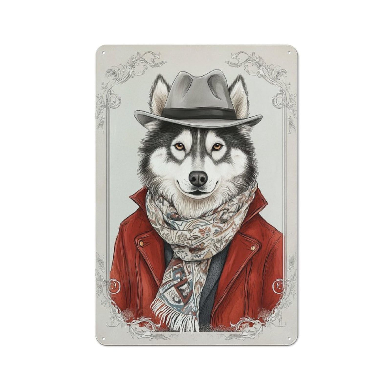Metal Wall Sign 30x20cm Featuring Husky in A Hat for Café Or Restaurant, A Decorative Metal Sign for Cafés And Restaurants