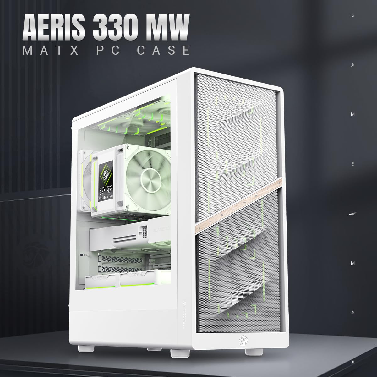 GAMEMAX AERIS 330 MW MATX - Alloggiamento da gioco a forma di leone artiglio, 4 ventole ARGB, rete ad alto throughput, supporto M-ATX, GPU da 330 mm, radiatori da 240/360 mm, USB-C, multi memoria