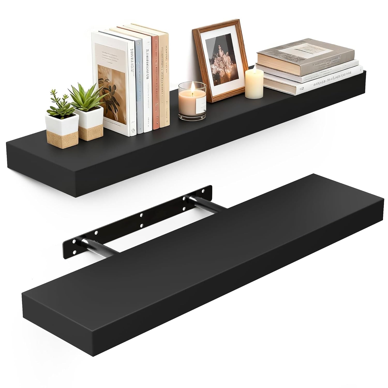 BAMEOS Bamboo Floating Shelves Wall Mounted Wooden Shelves with Invisible Brackets Set of 2, Hanging Wall Decor for Bedroom, Bathroom, Living Room and Kitchen