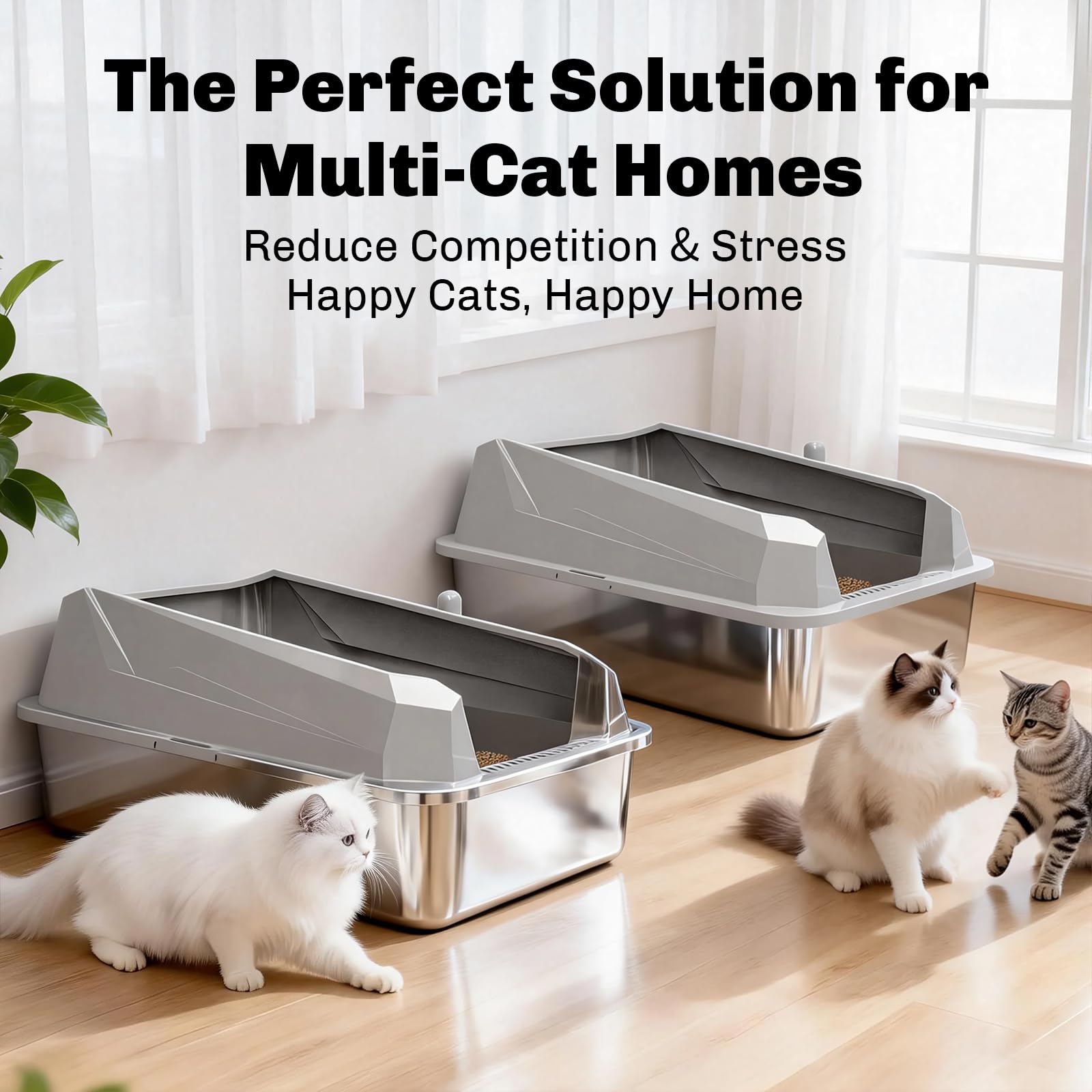 KYKY Tescat 2 Pack Stainless Steel Litter Box with Lid, XL Metal Litter Box with High Sides, Extra Large Litter Boxes for Big Cats and Multiple Cats, Leak-Proof, Rust-Proof, Non-Sticky and Easy Clean - image 5