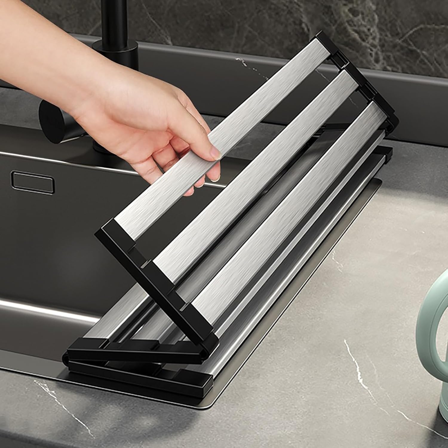 Folding Dish Drying Rack, Over The Sink Dish Drying Rack Kitchen Dish Drainer, Countertop Sink Rack Mat Dish Drying Rack(17.7 * 12.8inch)