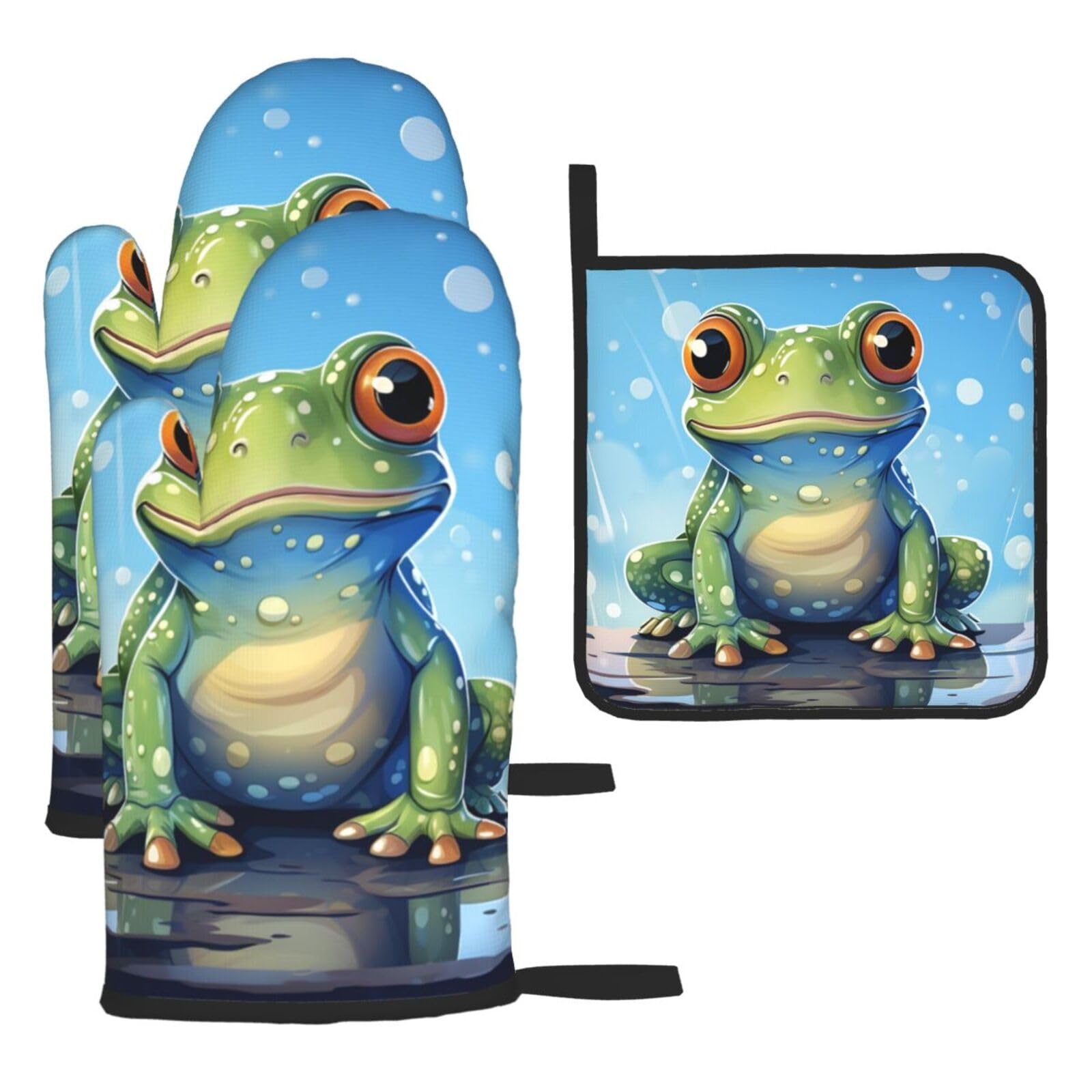 Oven Mitts and Pot Holders Sets of 3 Heat Resistant Kitchen Gloves Big eyed frog Oven Mitts BBQ Gloves Oven Gloves and Hot Pads Non-Slip Potholders for Kitchen Baking Cooking