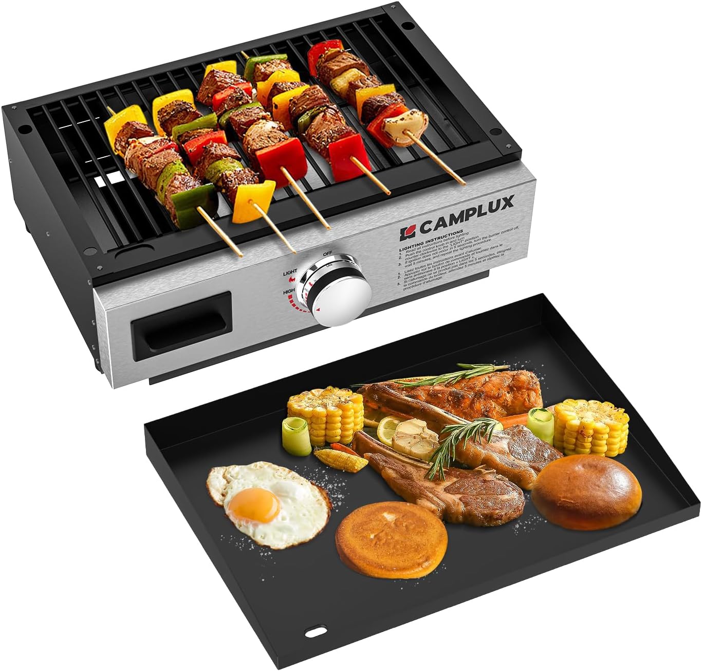 CAMPLUX Propane Gas Griddle Grill Combo 11,000 BTU, Portable Camping Griddle Ceramic Coated, 18-Inch Tabletop Grill with 20 lbs and RV Regulator for Camping, RV Picnic and Tailgating