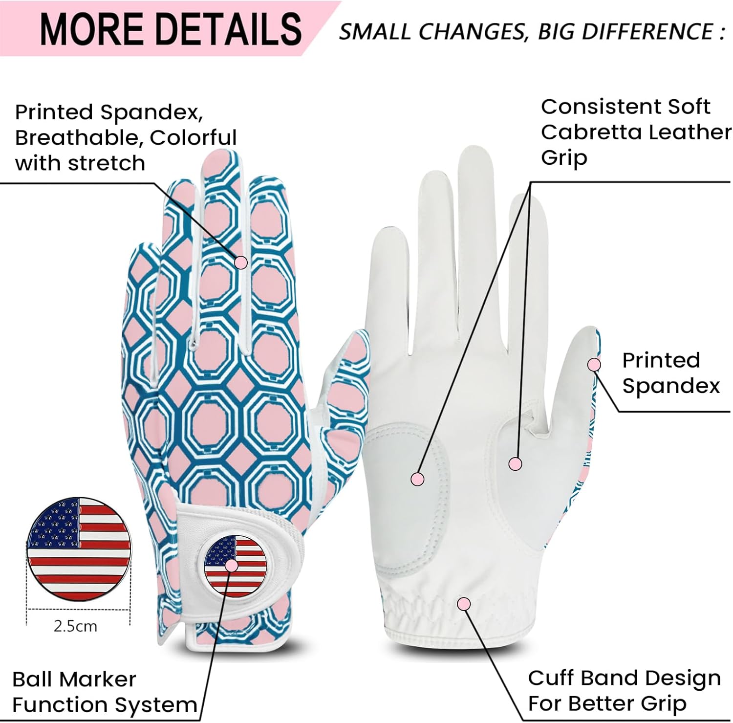 Amy Sport Womens Golf Glove with Ball Marker Rain Left Right Hand Leather Printed Pack, Ladies Golf Gloves All Weather Grip Breathable Soft Size Small Medium Large XL - Image 2