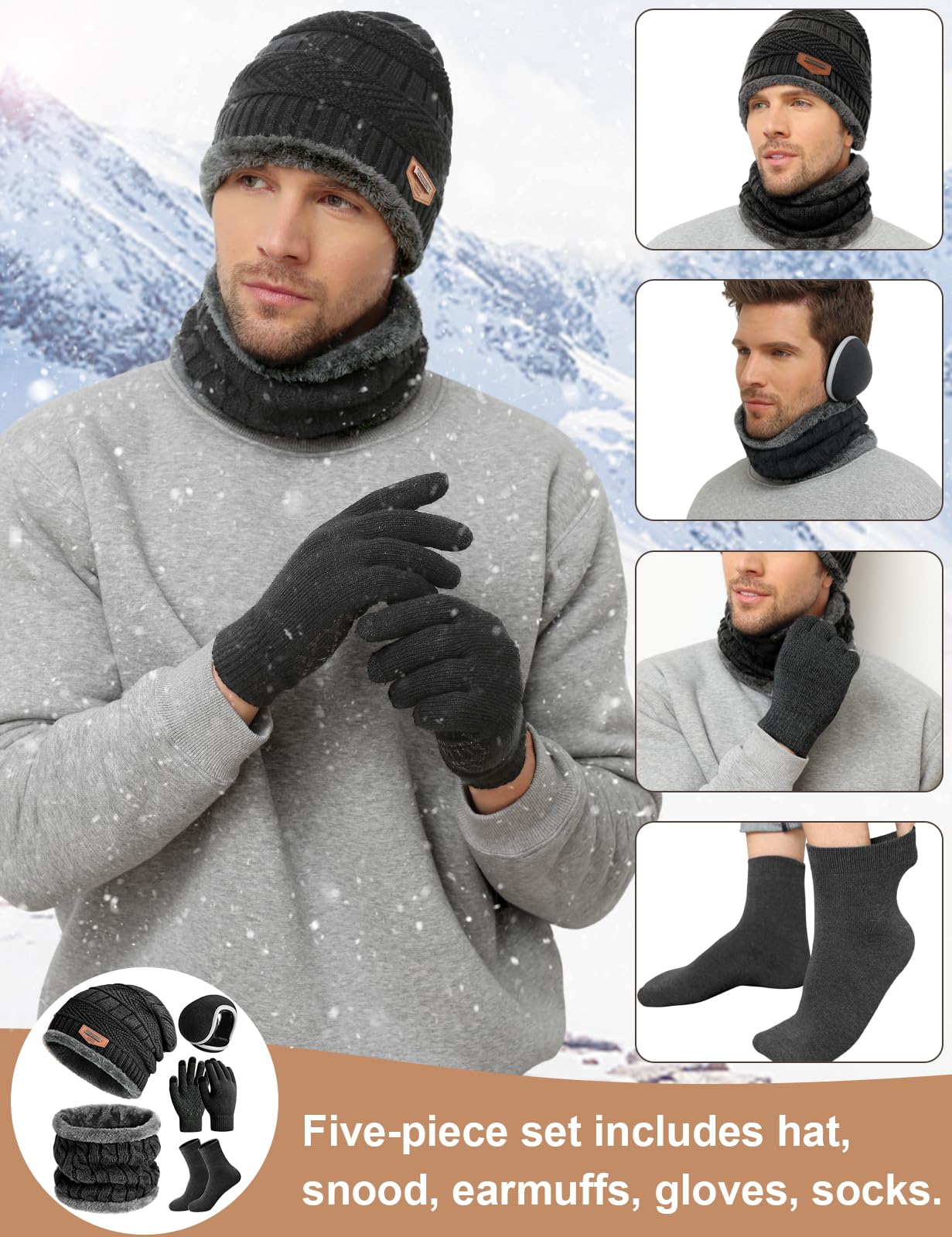 heekpek Set de Bufanda Gorro Guantes Orejeras y Calcetines Hombre de Punto Invierno Suave Térmico Conjunto de 5 Piezas para Hombre