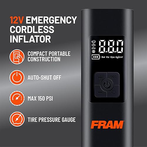 Miniatura 2 de FRAM FEK40002 Inflador de neumáticos de emergencia portátil con batería de 6000 mAh y 12 V, bomba de aire de 150 PSI para automóvil, bicicleta,