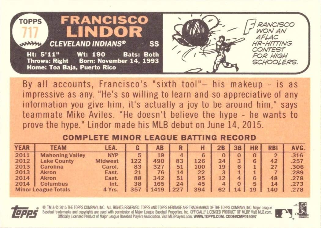 2015 Topps Heritage Purple Refractor Baseball #717 Francisco Lindor Rookie Card