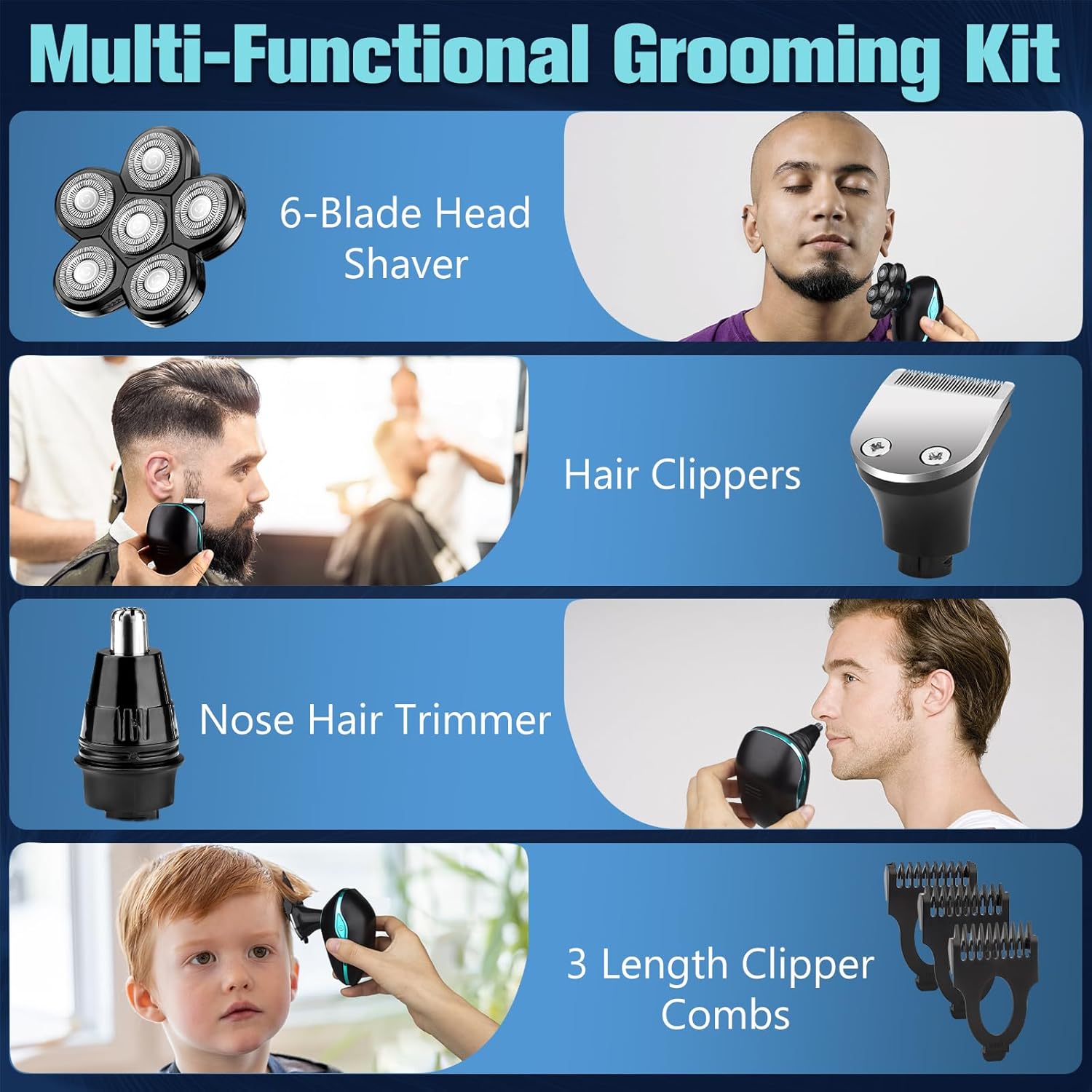 Electric Head Shaver for Bald Men, 6 in 1 Mens Electric Heads Razor Bald Head Shaver Cordless Razor Men, IPX7 Wet/Dry Waterproof Men's Rotary with Shavers Kit LED Display (Green)