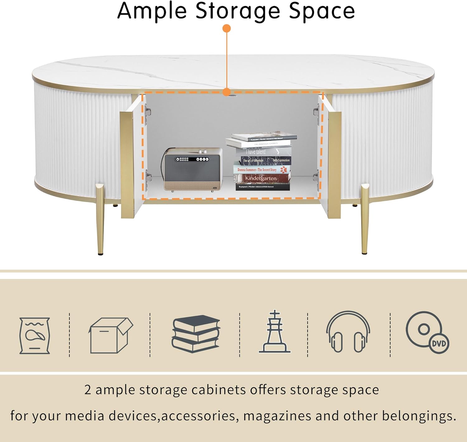 White Pedestal Oval Coffee Table Marble-Patterned Top, Modern Drum Flutted Center Table with 2 Cabinets, Metal Legs and Handles for Living Room Apartment, Easy Assembly White 47.25x23.8x19.2