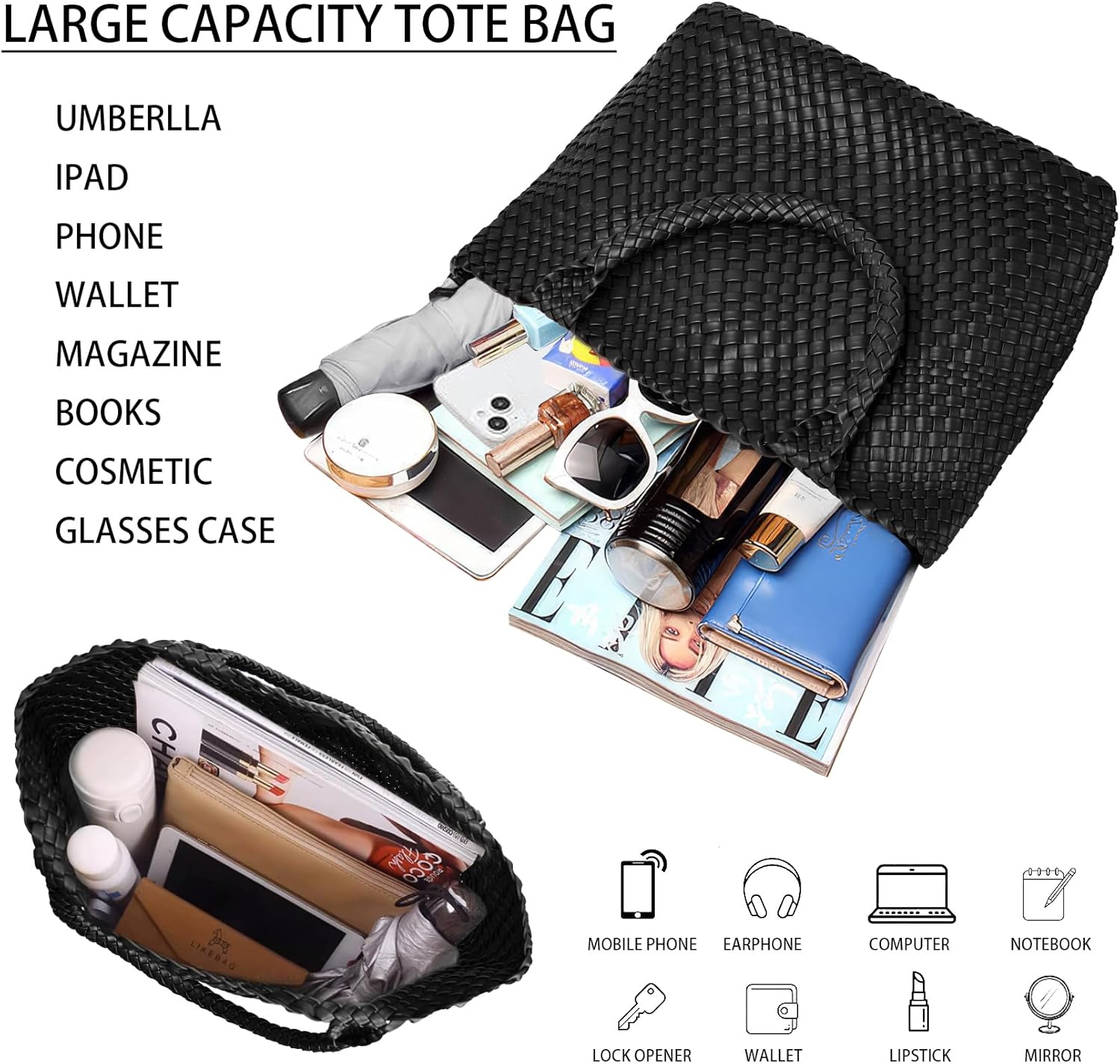 Woven Shoulder Bag for Women, Fashion Top Handle Soft Vegan Leather Shopper - Image 5