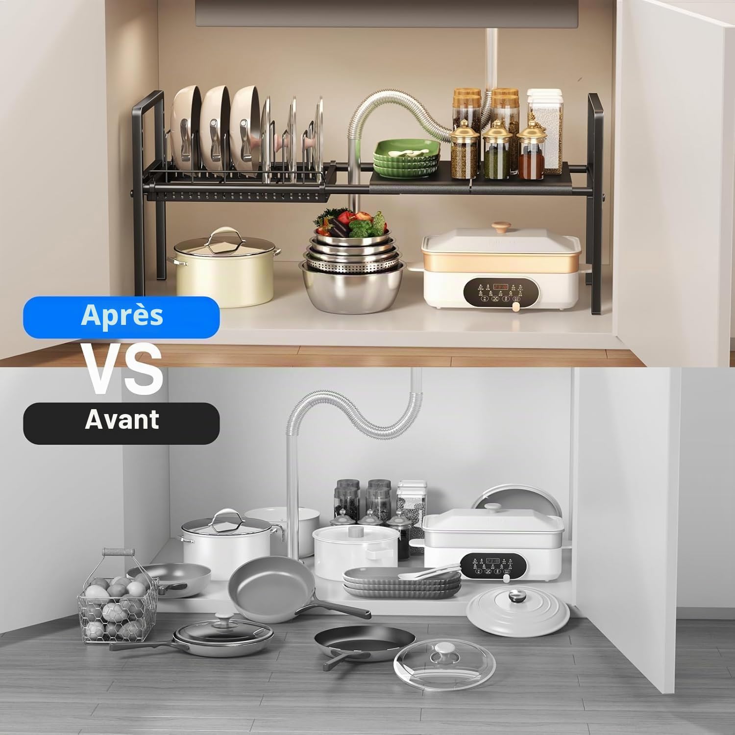 Mustorn Range Couvercle Extensible, 1 Niveau Rangement Casserole, Hauteur Réglable Rangement Poele Et Casserole Placard, Porte Couvercle, Supports à Casseroles Avec 6 Séparateurs(Noir)