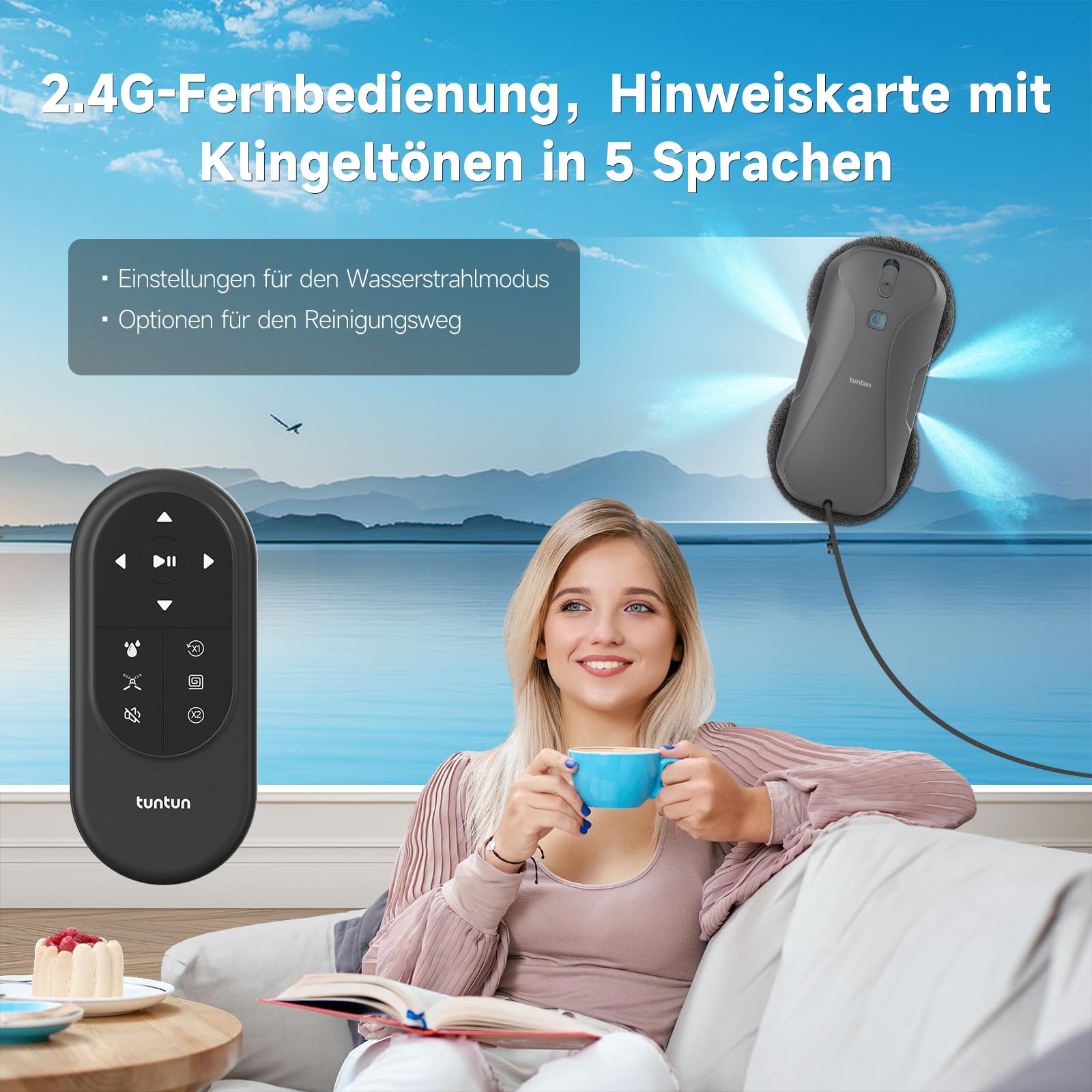 tuntun W12pro Fensterputzroboter,4-Wege-Doppeldüsensystem,5300Pa Elektrischer Fensterputzer,Intelligente Wegplanung,Integrierte Aufbewahrungsbox,Für Glatte Oberflächen geeignet