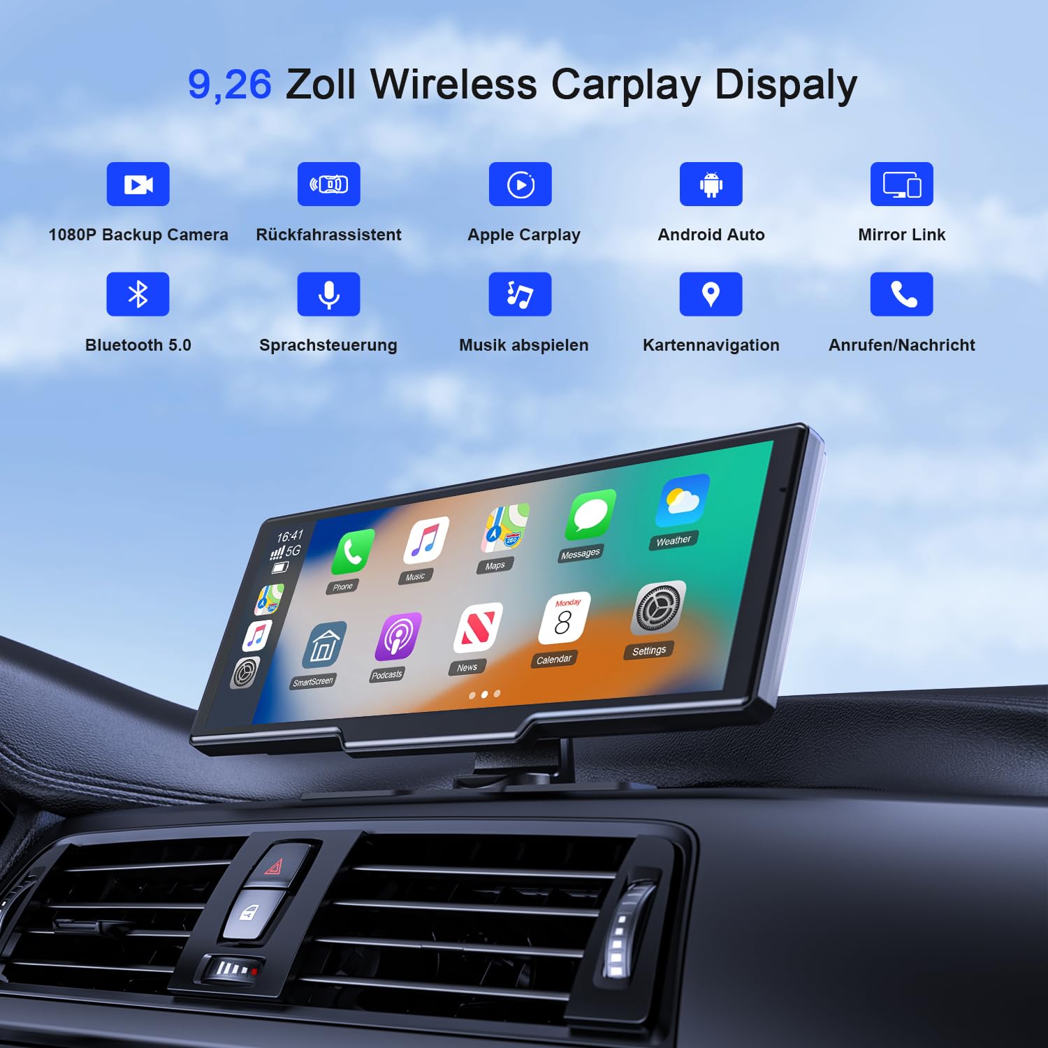 Avylet 9,26" CarPlay Display für Apple CarPlay & Android Auto, 60Hz Carpla mit 4K Dashcam und IP67 Rückfahrkamera, 64GB Karte, OTA-Updates, GPS Navigation, Bluetooth 5.0, Mirror Link, FM/AUX