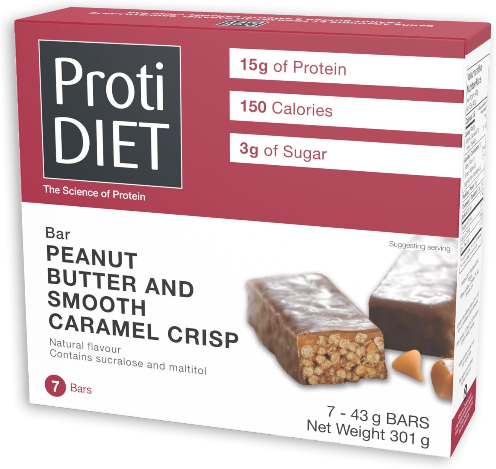 ProtiDIET Peanut Butter and Smooth Caramel Crisp Protein Bar - Gluten Free and GMO Free High Protein Snacks for Adults, Perfect On the Go Meal Replacement Bars - 7 High Protein Bars Per Box