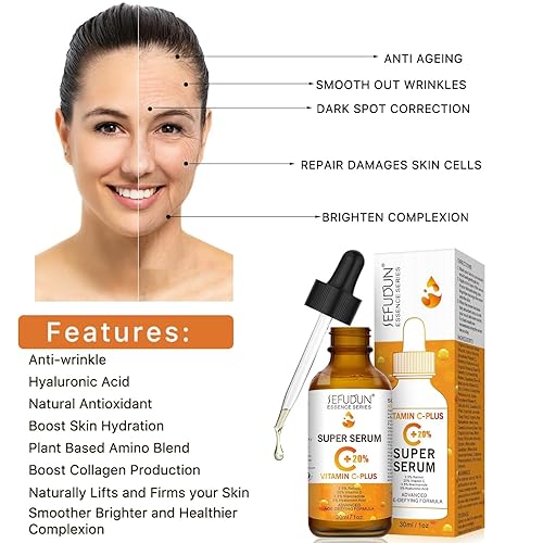 Miniatura 4 de Super suero de vitamina C, 20% vitamina C más retinol, suero facial antienvejecimiento con ácido hialurónico, 1 onza