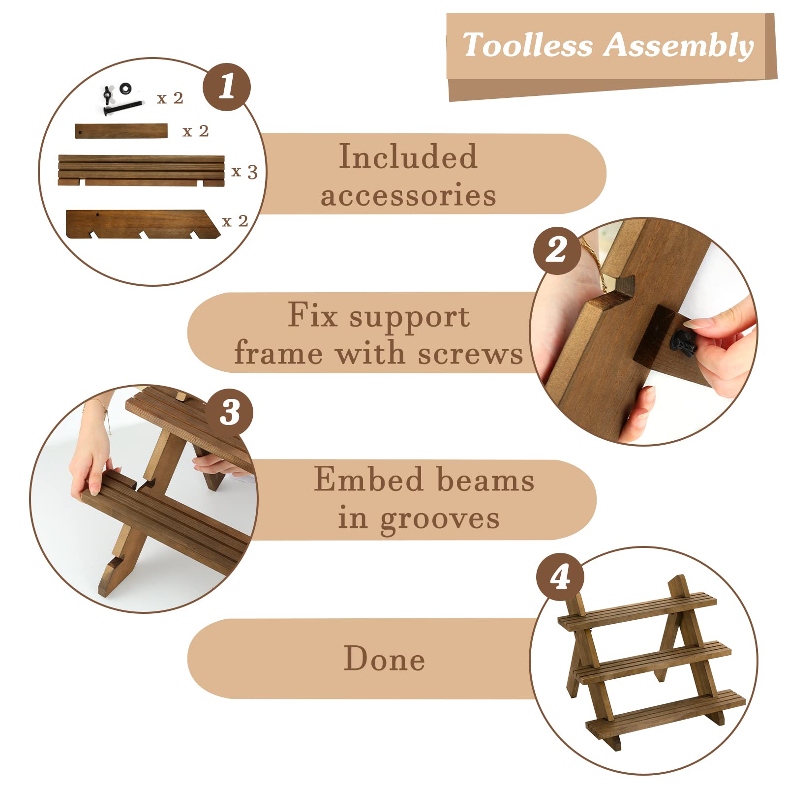 Emibele 3-Tier Wooden Earring & Ring Holder Organizer, Cascading Showcase Jewelry Stand, Brown