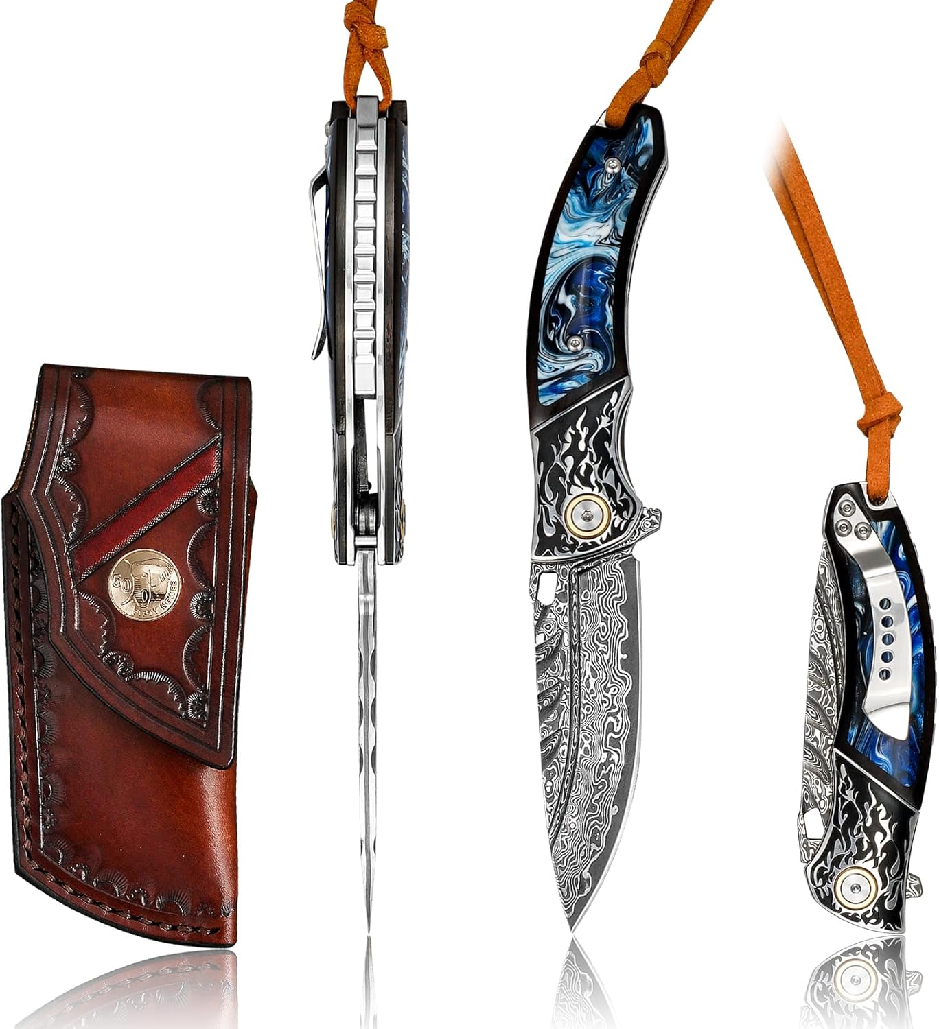 VNLA Handmade Damascus steel Folding Pocket knife. VG10 steel core men and women Folding knife,With Leather sheath,Lining lock,Ebony inlaid with resin Handle,EDC outdoor camping